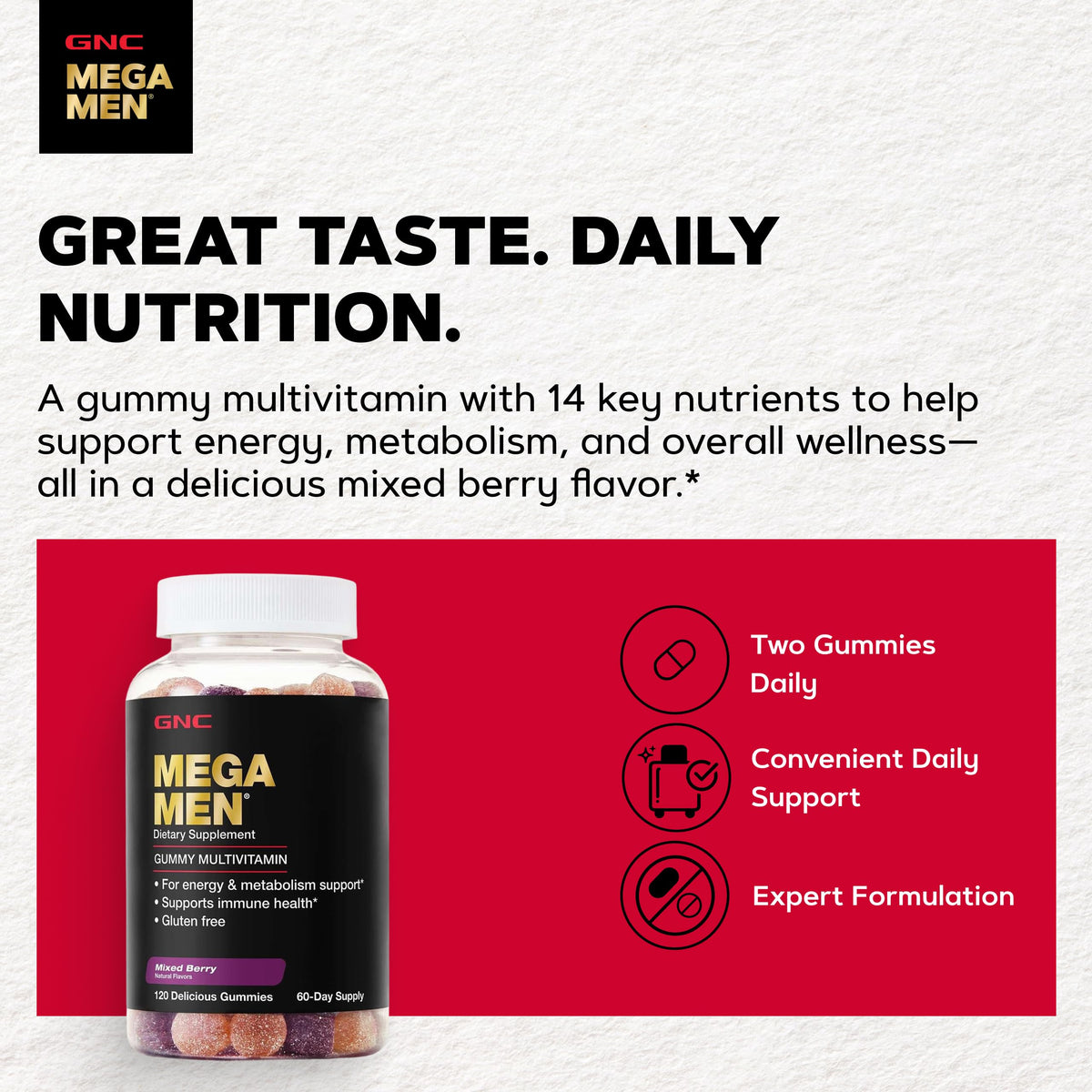 GNC Mega Men Multivitamin Gummy Mixed Berry - 120 Count - image 3