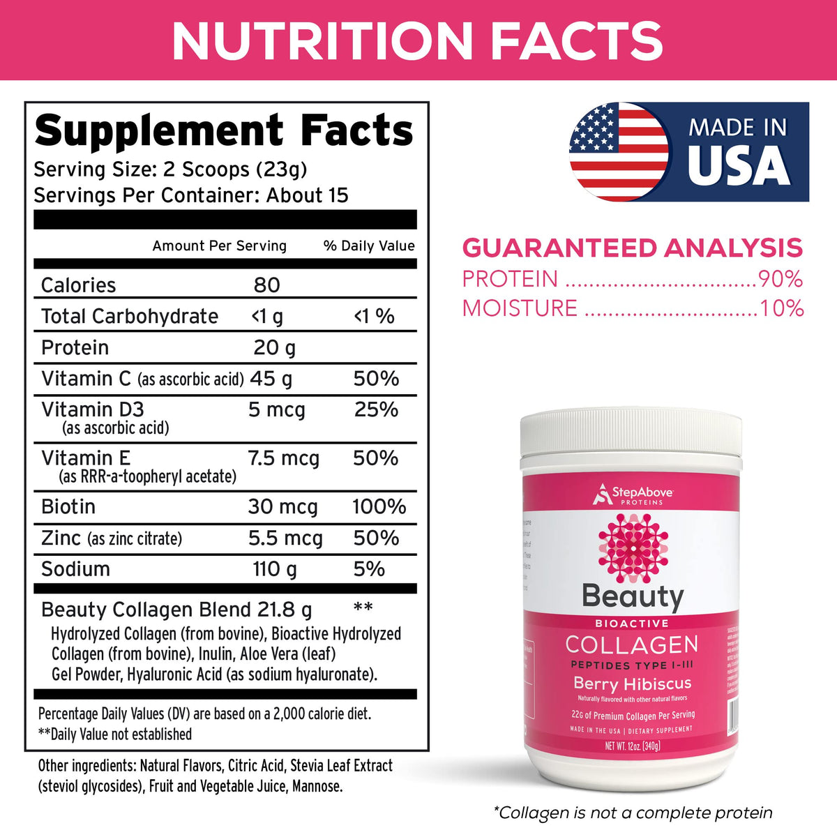 Step Above Proteins Beauty Collagen Peptides Berry Hibiscus - 12 Oz - image 6
