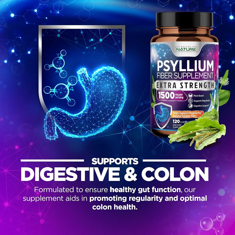 Built by Nature Psyllium Husk Capsules 1500mg Fiber Supplement