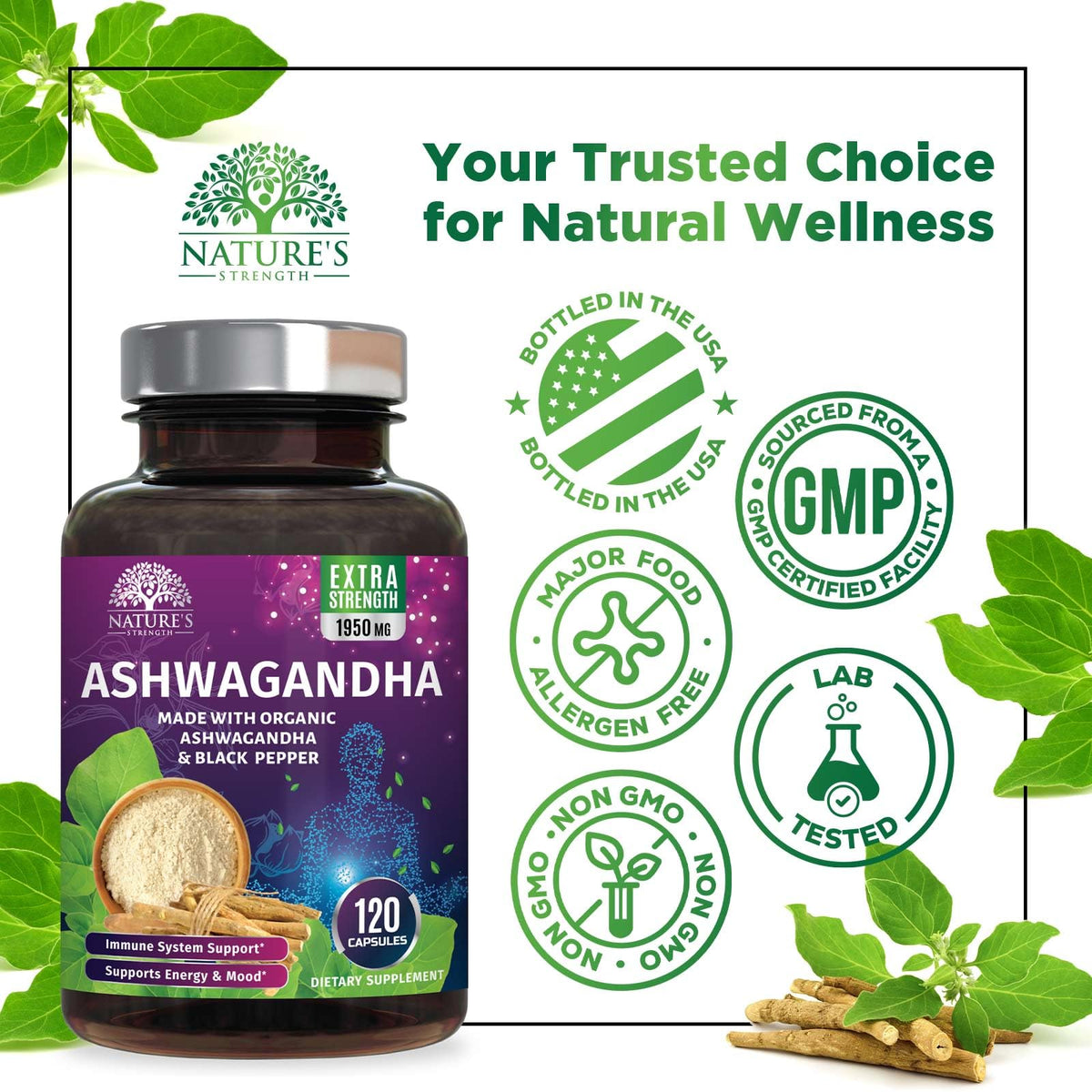 Nature's Strength Ashwagandha Supplements 1100mg - High-Absorption