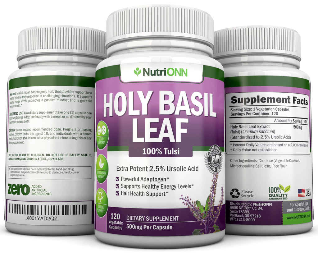 NutriONN Holy Basil Leaf Capsules 500mg Adaptogenic Herb - 120 Vegan Capsules - image 6