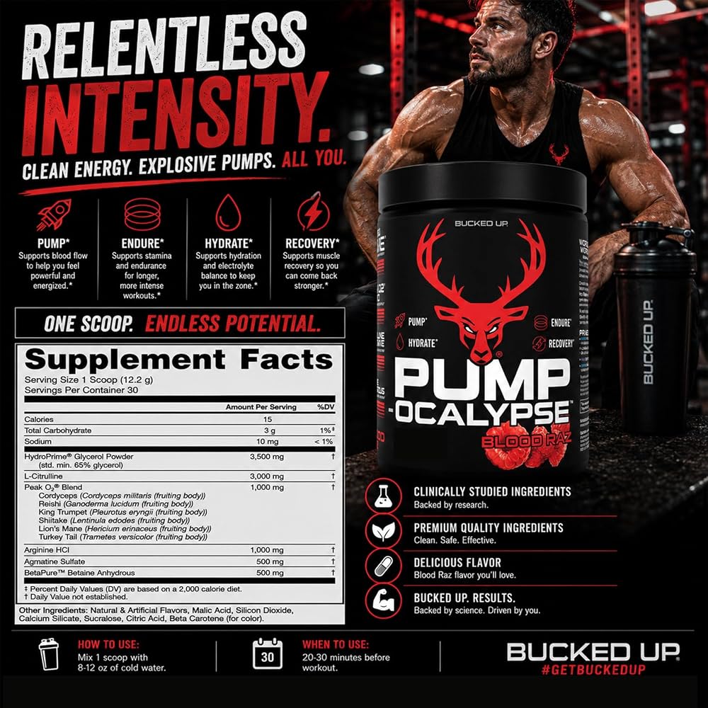 Bucked Up Pump-ocalypse Blood Raz Nitric Oxide Booster Powder - 13.8 oz - image 7
