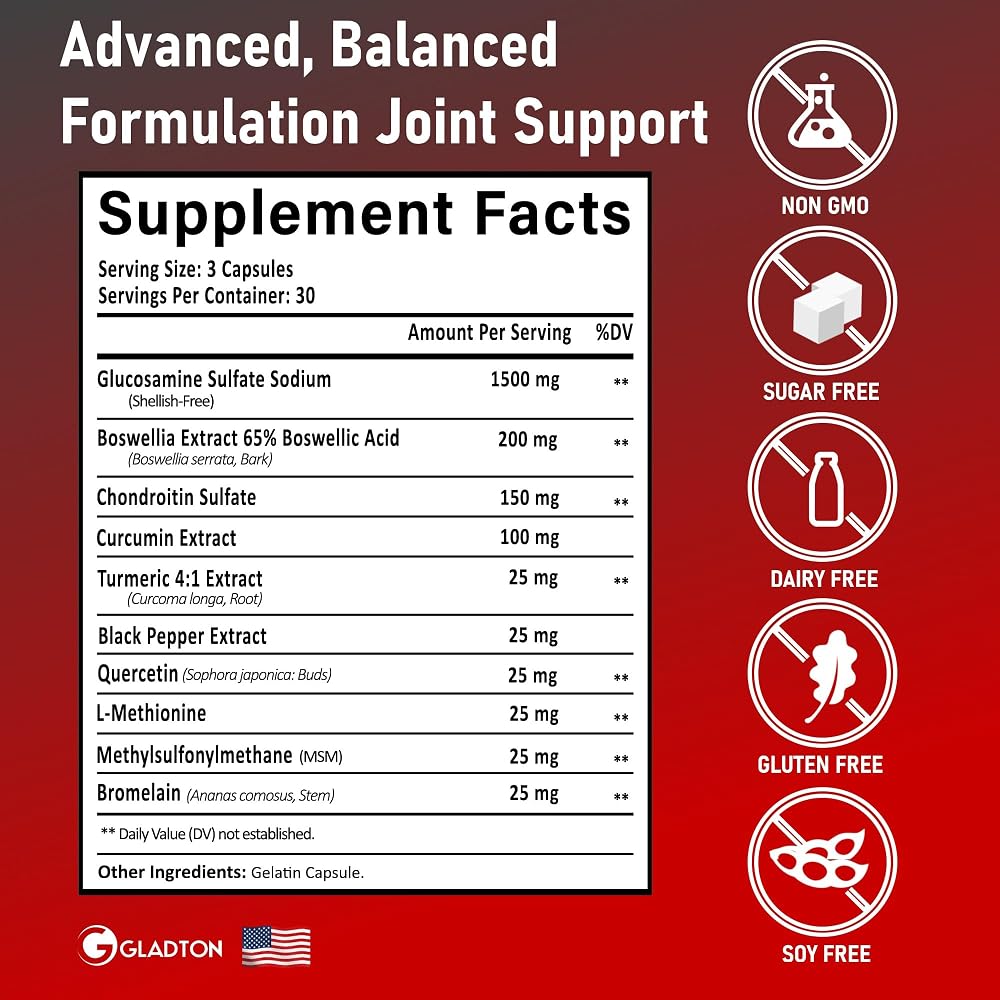 GLADTON Glucosamine Chondroitin MSM Turmeric Joint Support - 90 Capsules - image 3