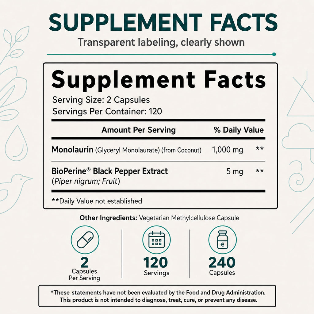Eleva Nutrition Monolaurin 1000mg Capsules with BioPerine - 240 Count - image 4