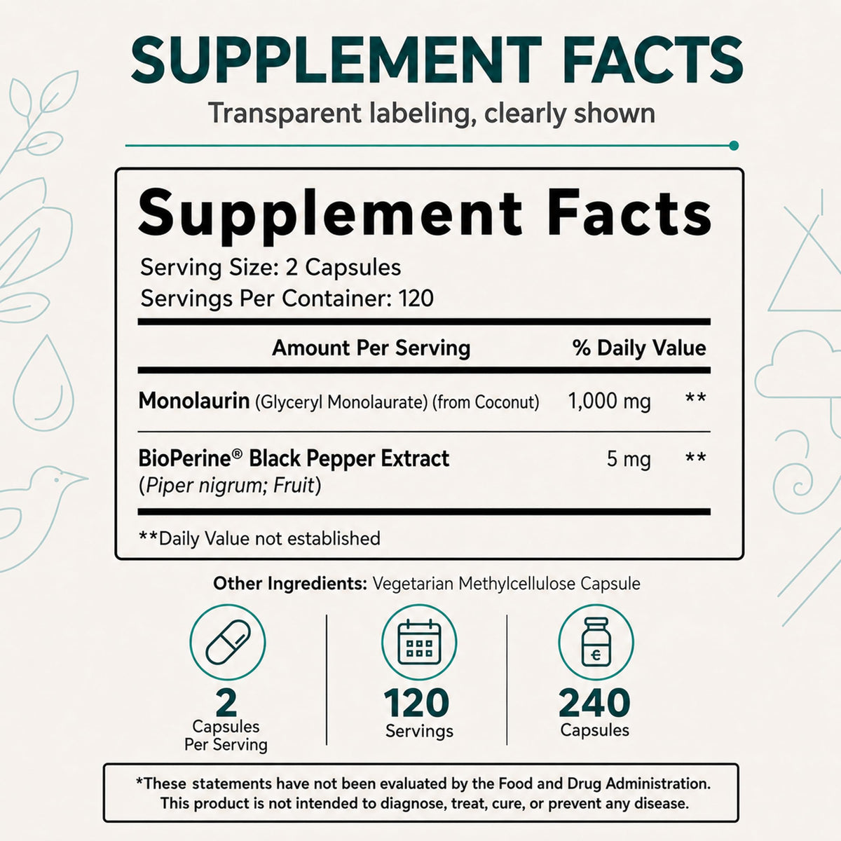 Eleva Nutrition Monolaurin 1000mg Capsules with BioPerine - 240 Count - image 4
