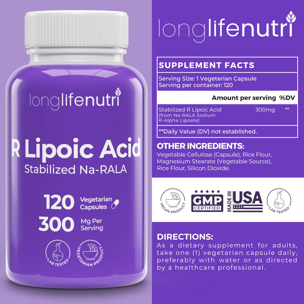 LongLifeNutri Stabilized R-Alpha Lipoic Acid 300mg - 120 Vegetarian Capsules - image 2