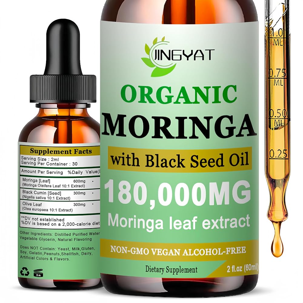 JINGYAT Organic Moringa Liquid Drops with Black Seed Oil - 2 Fl Oz