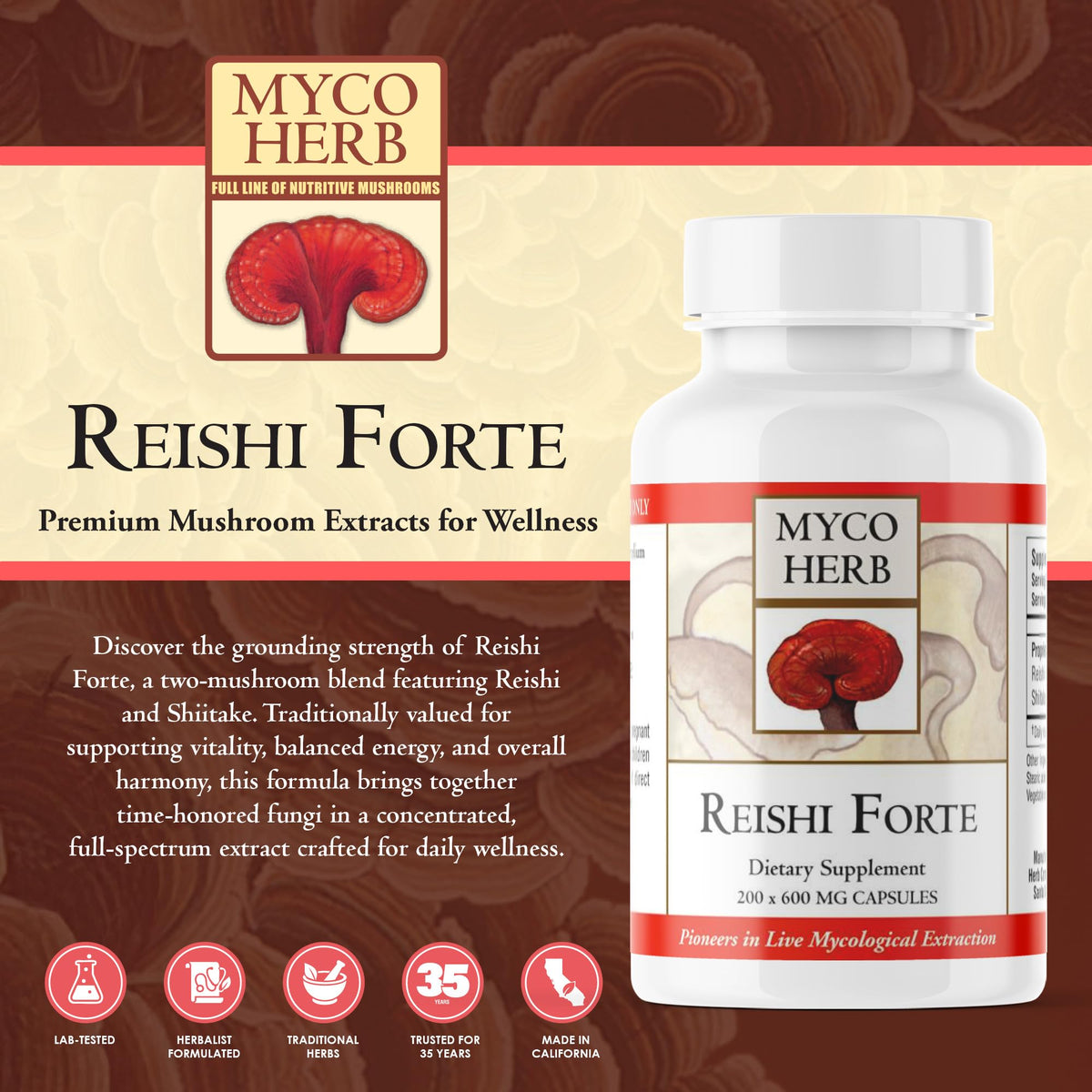 Kan Herbs Reishi Forte Mushroom Blend for Vitality - 120 Tablets - image 2