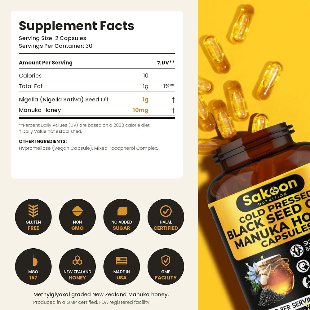 Sakoon Nutrition Black Seed Oil with Manuka Honey - 60 Capsules - image 4