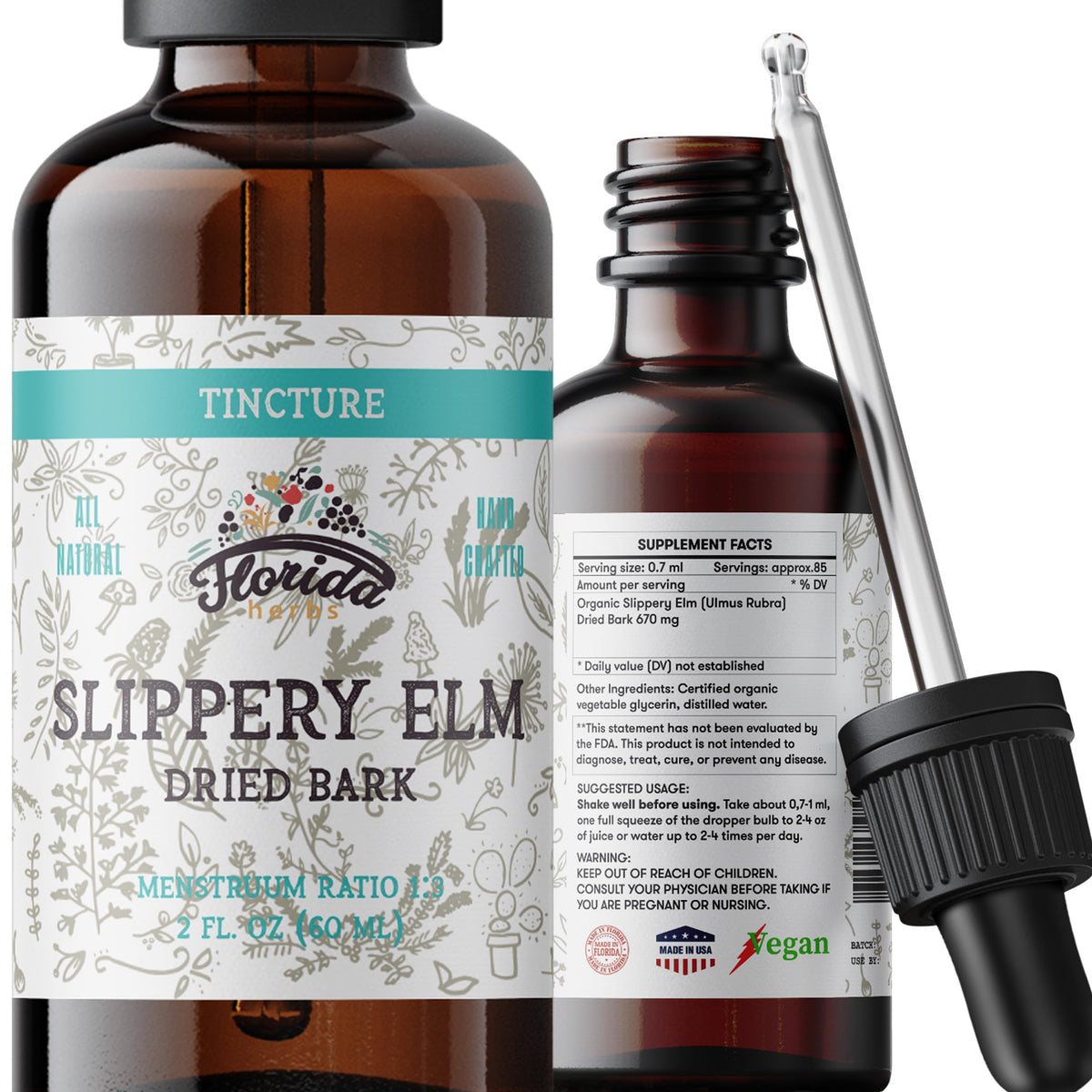 Florida Herbs Slippery Elm Tincture Herbal Extract - 2 Fl Oz