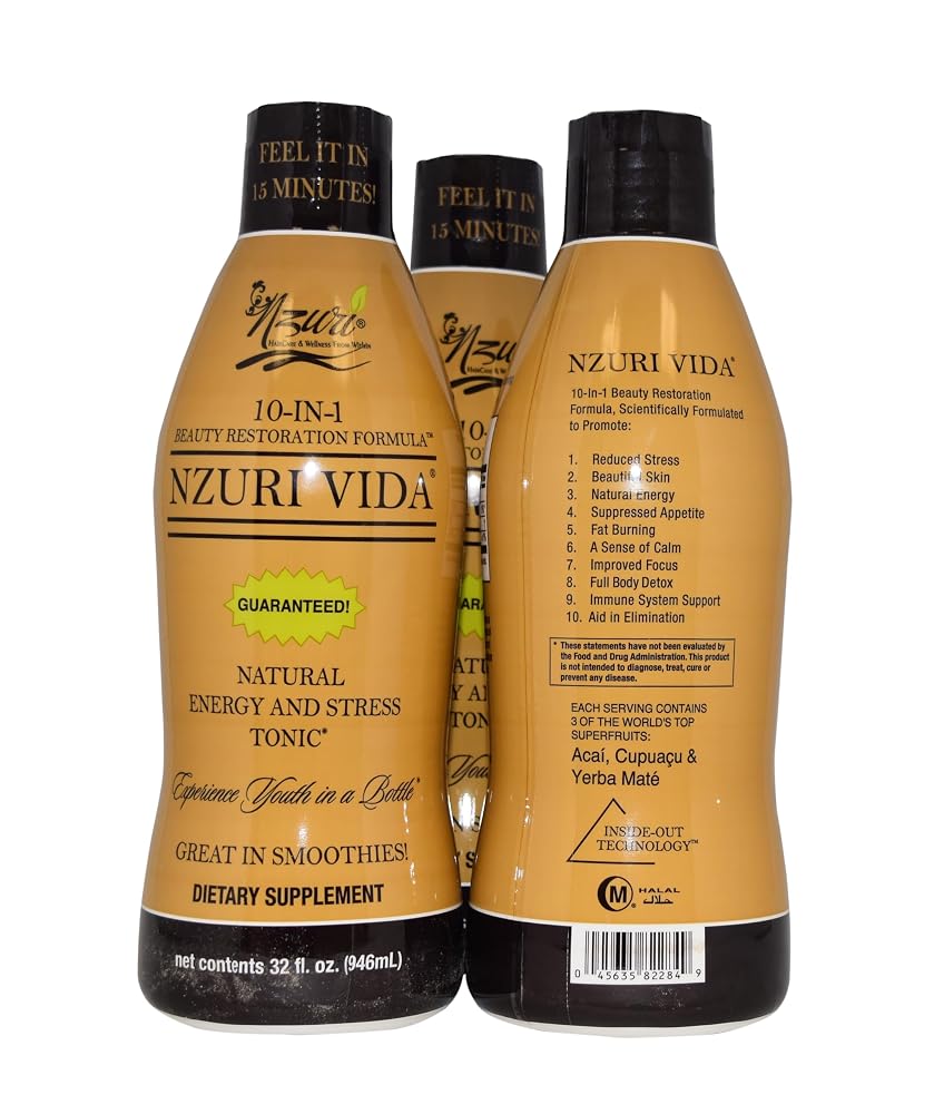 Nzuri Vida All-Natural Energy & Stress Support Tonic - 3 x 32 oz