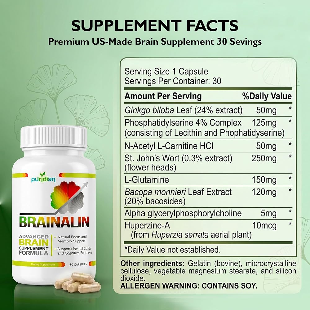 Puridian Brainalin Brain Supplement for Memory and Focus - 30 Capsules - image 2