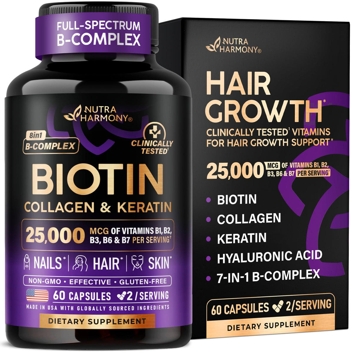 NUTRAHARMONY Biotin Collagen Keratin B-Complex - 60 Capsules