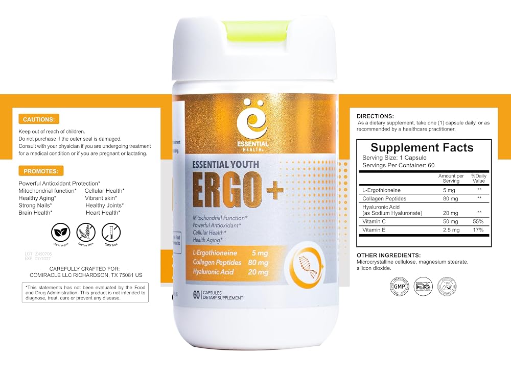 ESSENTIAL HEALTH L-Ergothioneine with Collagen Peptides - 60 Vegetarian Capsules - image 2