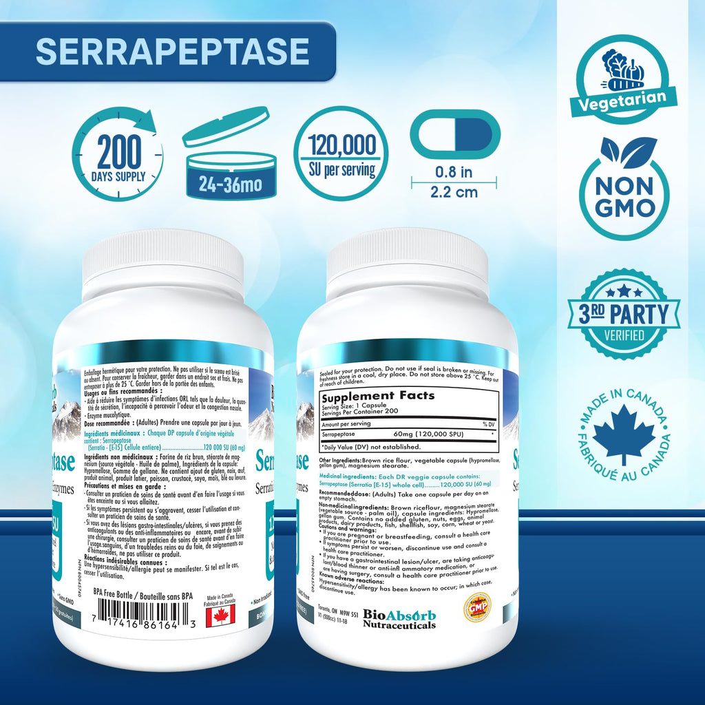 Bio Absorb Serrapeptase 120000 SPU Delayed Release - 200 Capsules - image 7