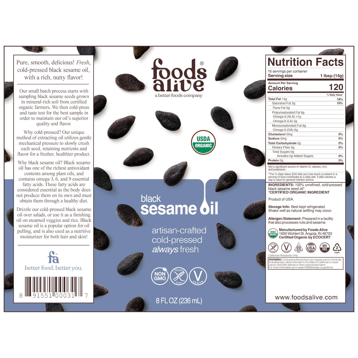 Foods Alive Black Sesame Seed Oil, Artisan Cold-Pressed, Organic, 8oz - image 2