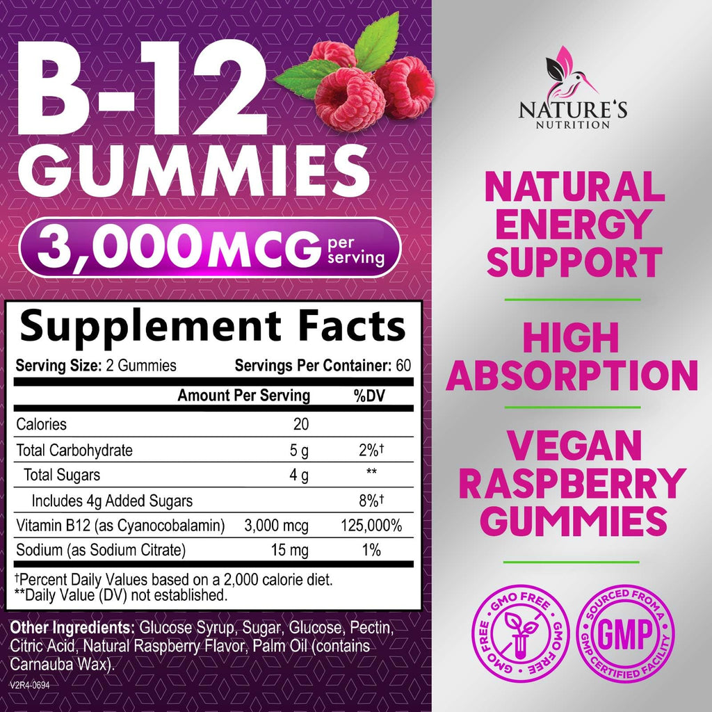Nature's Nutrition B12 Energy Gummies 3000 mcg per Serving - Extra