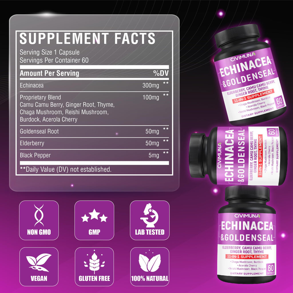 CIVIMUNA Echinacea Capsules with Goldenseal & Elderberry - 120 Capsules - image 3