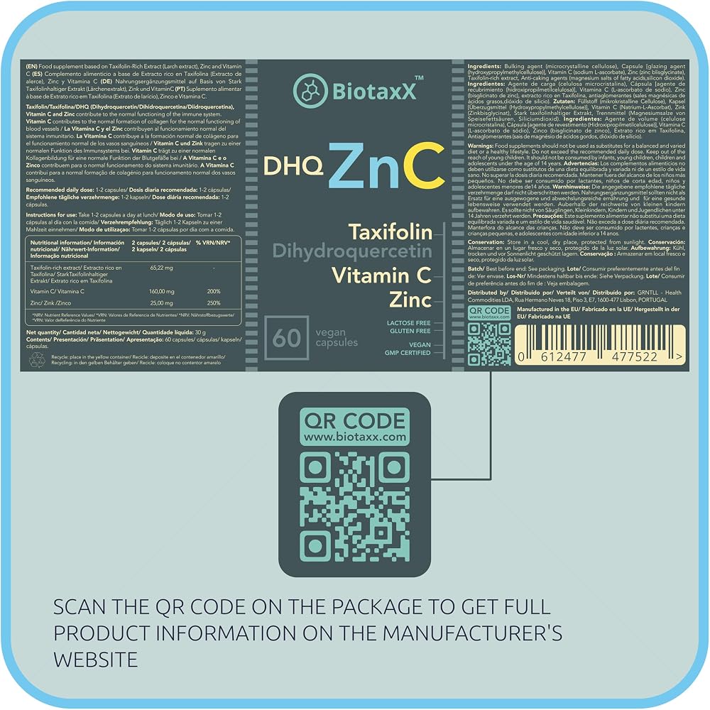 BiotaxX Taxifolin Dihydroquercetin Vitamin C Zinc - 60 Capsules - image 6
