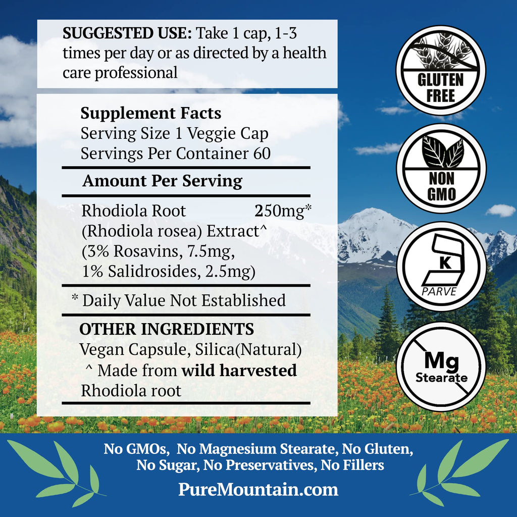 Pure Mountain Botanicals Rhodiola Rosea 250mg - 60 Vegetarian Capsules - image 2