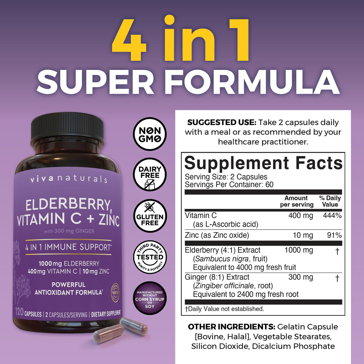 Viva Naturals Elderberry with Vitamin C and Zinc - 120 Capsules - image 2