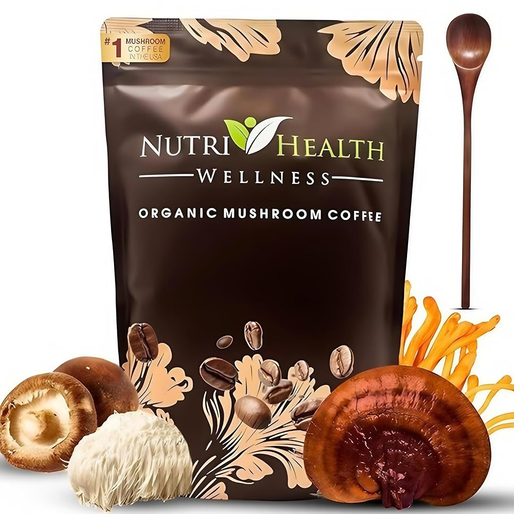 NUTRI HEALTH WELLNESS Organic Mushroom Coffee with 6 Adaptogens - 30 Servings