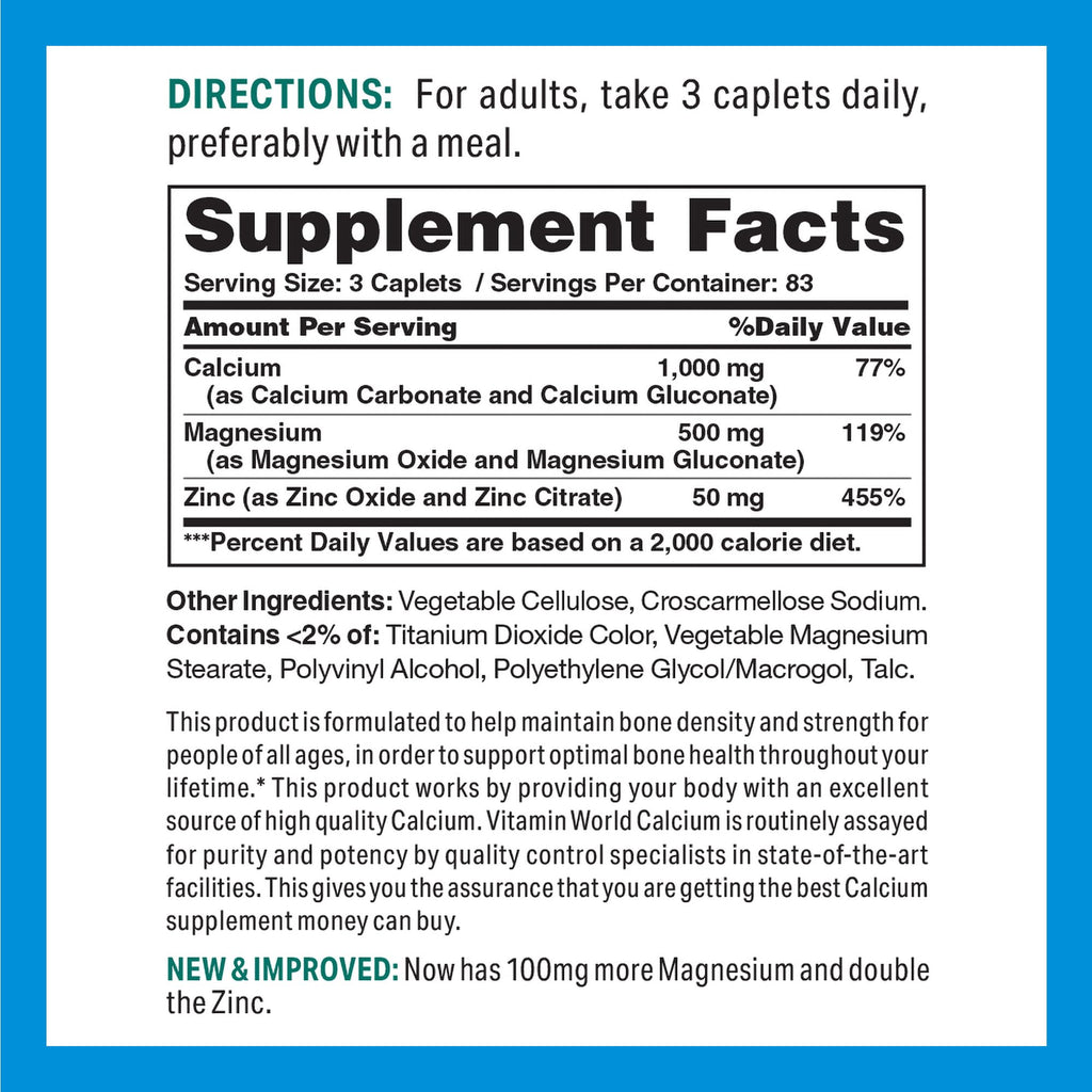 Vitamin World Calcium, Magnesium & Zinc Caplets - 250 Count - image 2