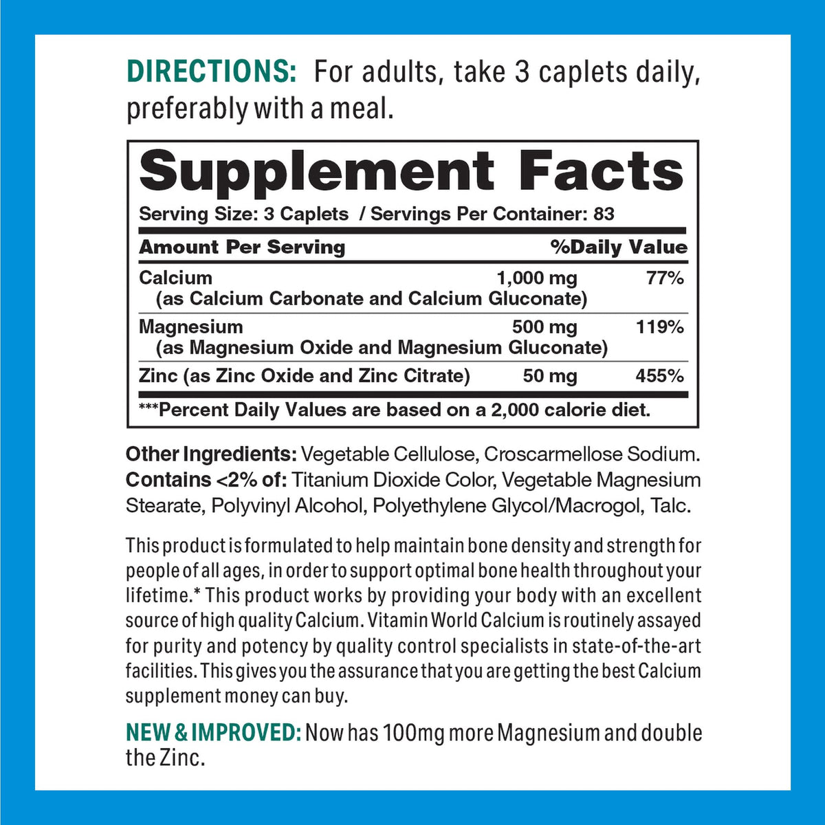 Vitamin World Calcium, Magnesium & Zinc Caplets - 250 Count - image 2