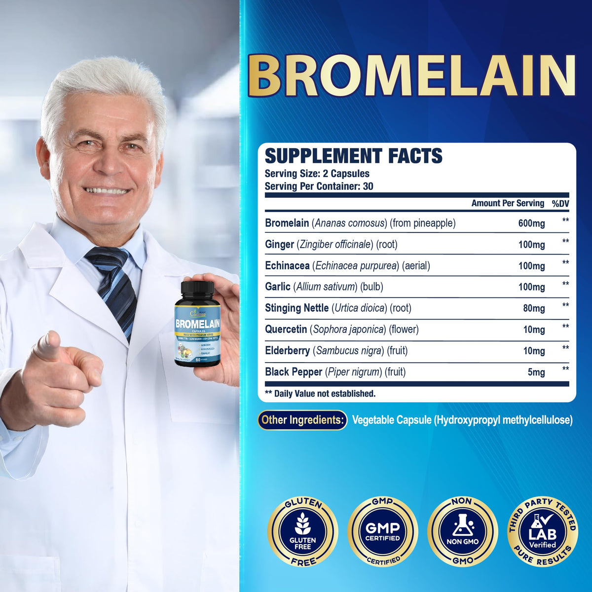 Organic Cadane Bromelain Capsules with Quercetin & Elderberry - 120 Capsules - image 3
