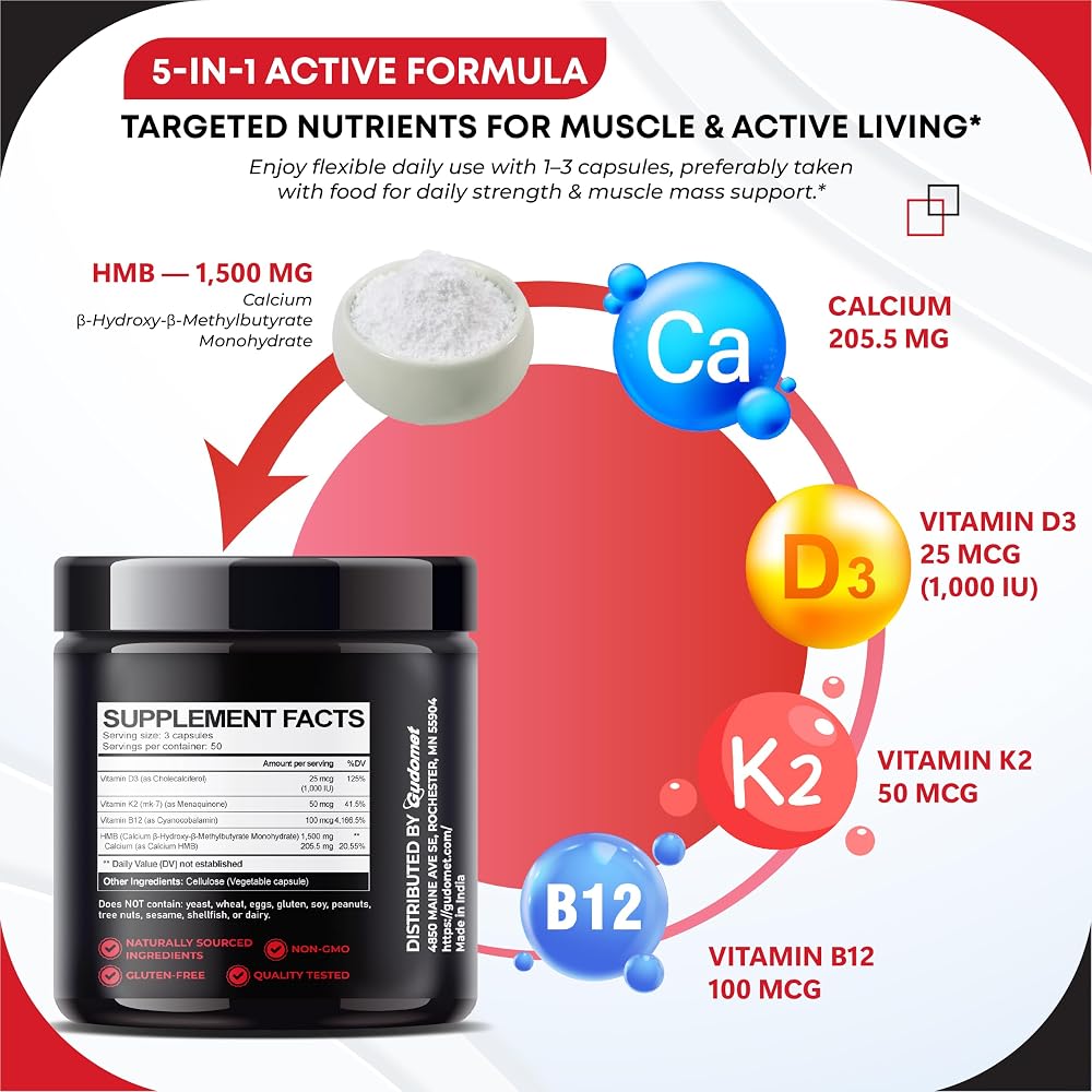 GUDOMET HMB Muscle & Strength 1,500 mg with Vitamin D3 & K2 - 150 Capsules - image 4