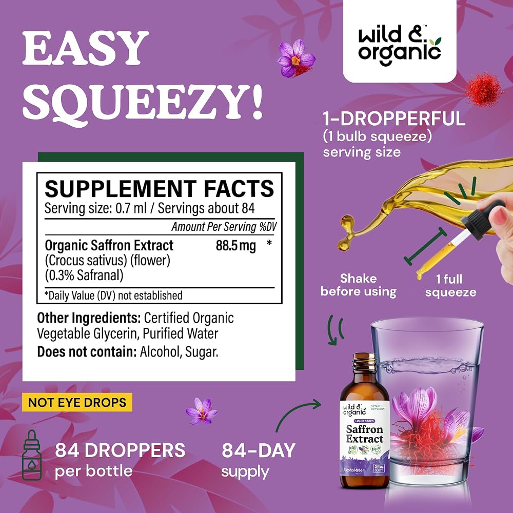 Wild & Organic Saffron Drops - 88.5 mg Saffron Supplement for Mood