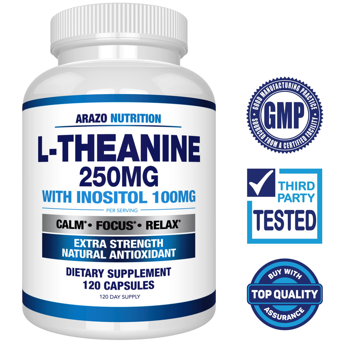 Arazo Nutrition L-Theanine 250mg with Inositol - 120 Vegetarian Capsules - image 2
