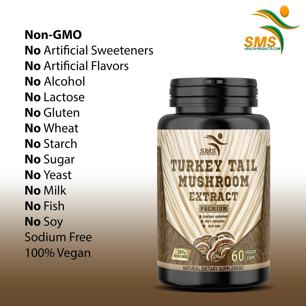 SMSHEALTHPRODUCTS Turkey Tail Mushroom 50% Extract - 60 Vegetarian Capsules - image 5