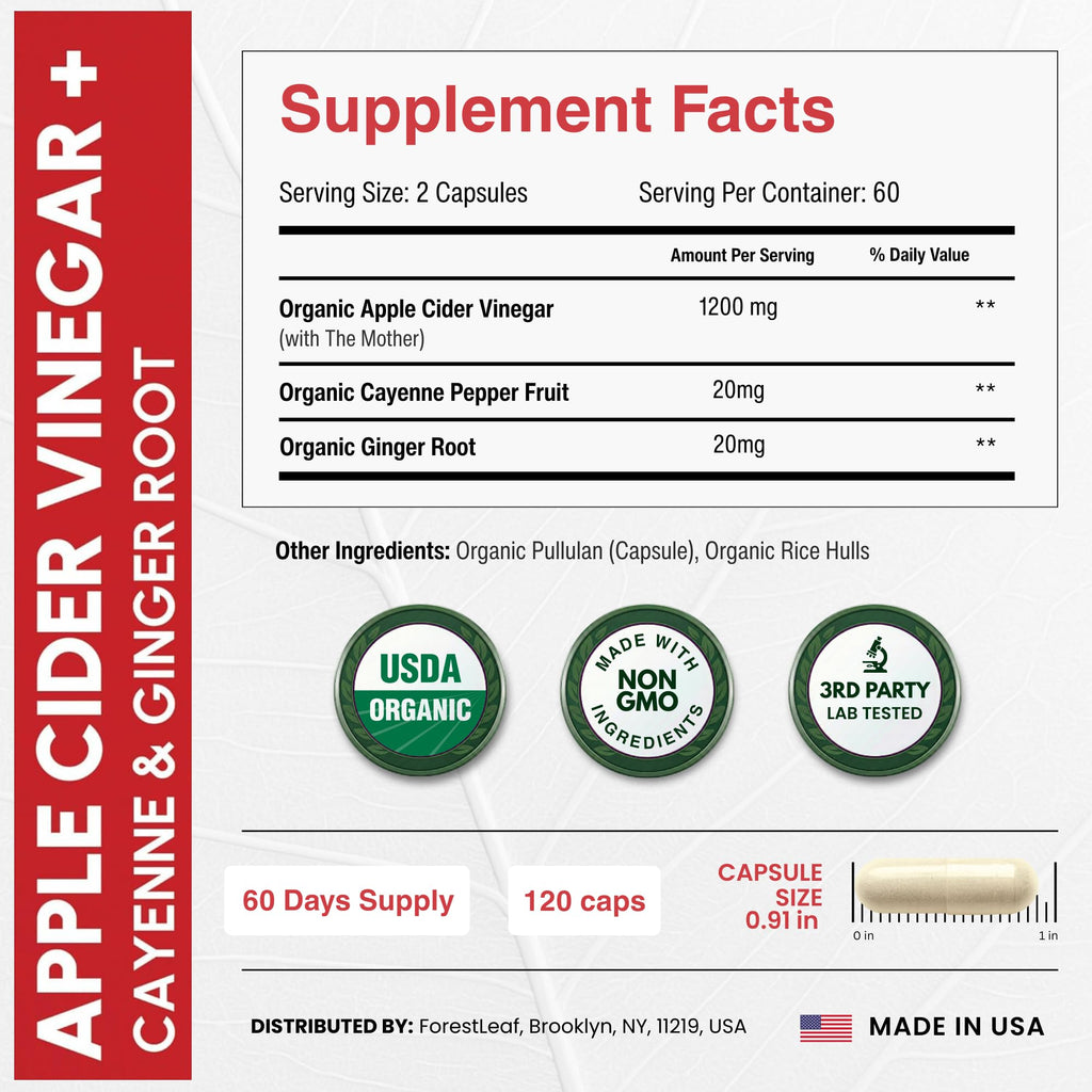 ForestLeaf Apple Cider Vinegar Capsules 1200 mg - 120 Capsules - image 3