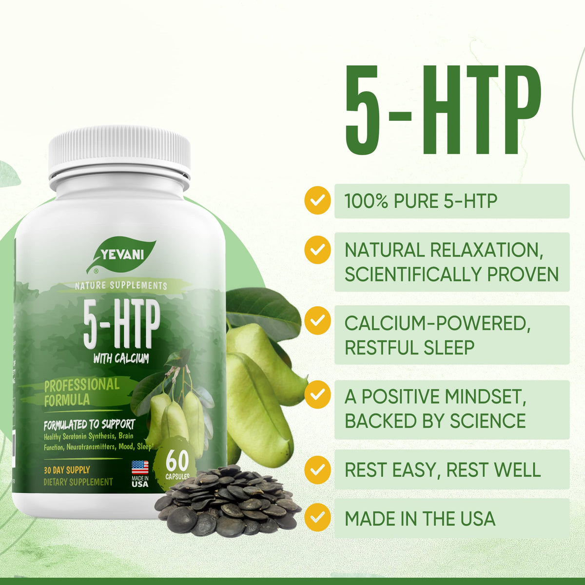 YEVANI 5-HTP Formula with Calcium for Sleep - 60 Capsules - image 2