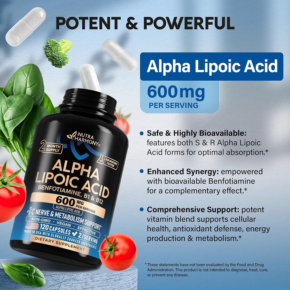 NUTRAHARMONY Alpha Lipoic Acid 600mg - ALA Supplement Antioxidant