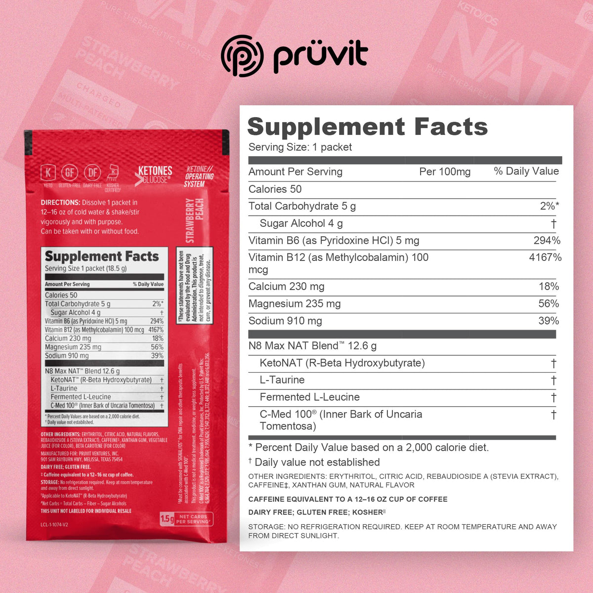 Prüvit Keto//OS NAT Strawberry Peach Charged Drink Mix - 20 Sachets - image 2