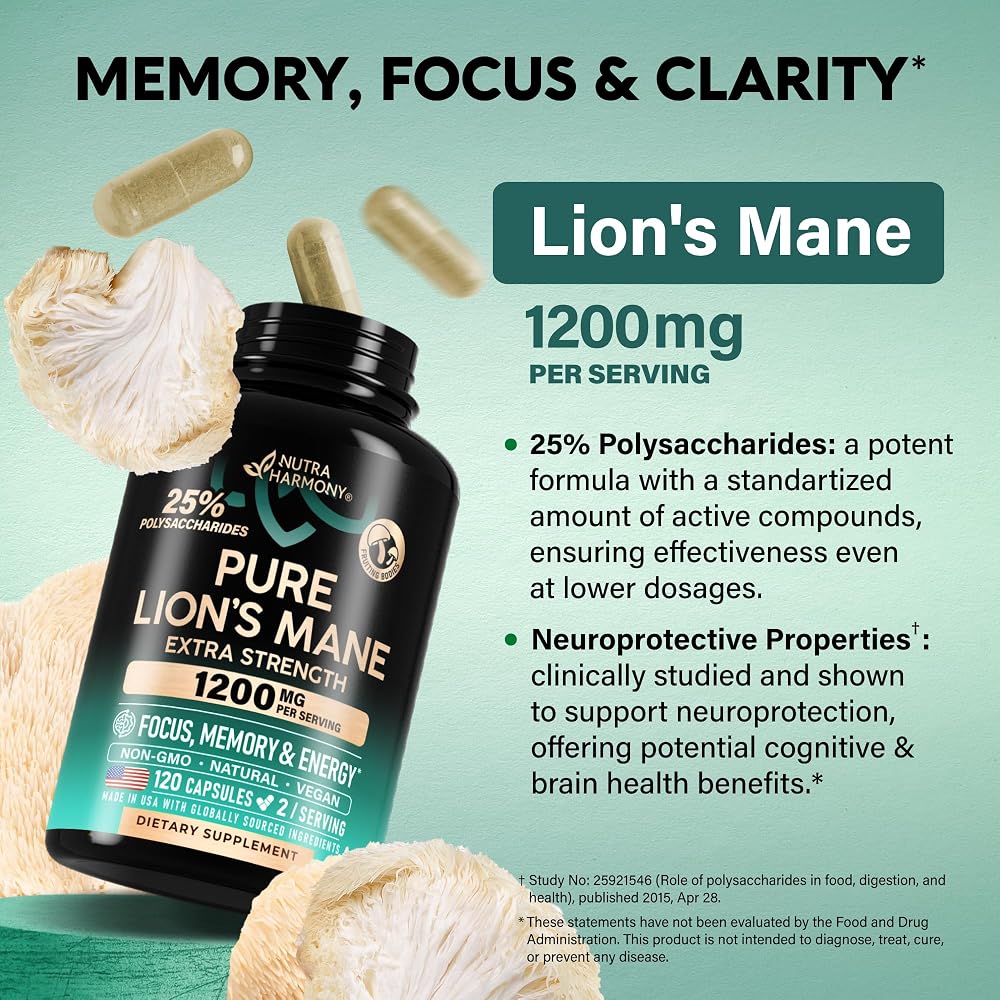 NUTRAHARMONY Lions Mane Supplement Capsules - Organic Lions Mane