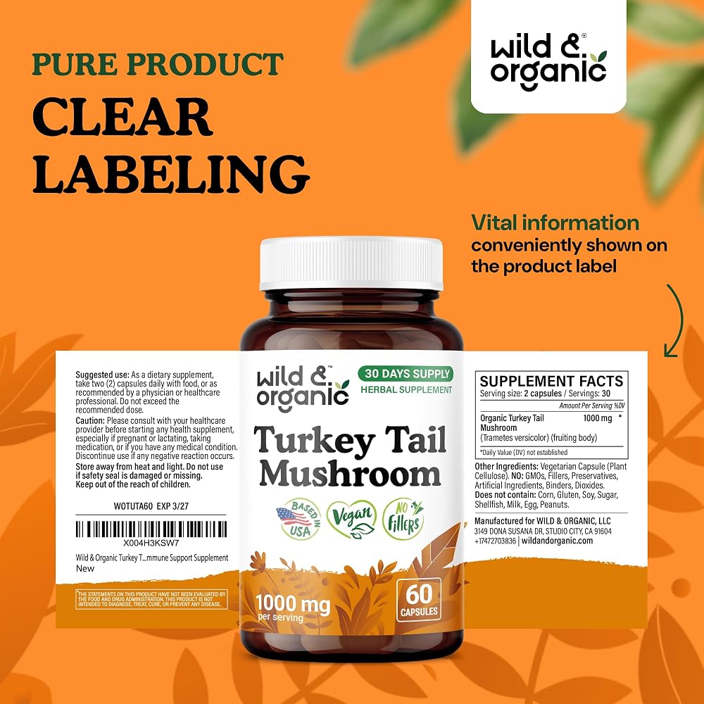 Wild & Organic Turkey Tail Mushroom Capsules 1000 mg - Immune Support