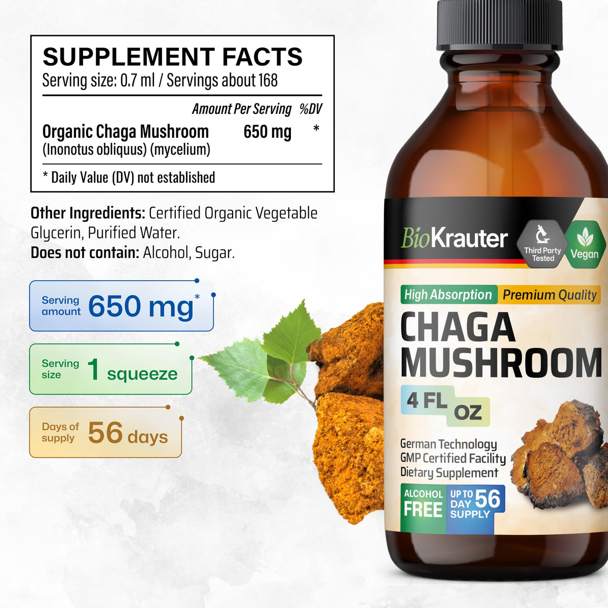 BIO KRAUTER Chaga Mushroom Tincture for Immune Support - 4 Fl Oz - image 3