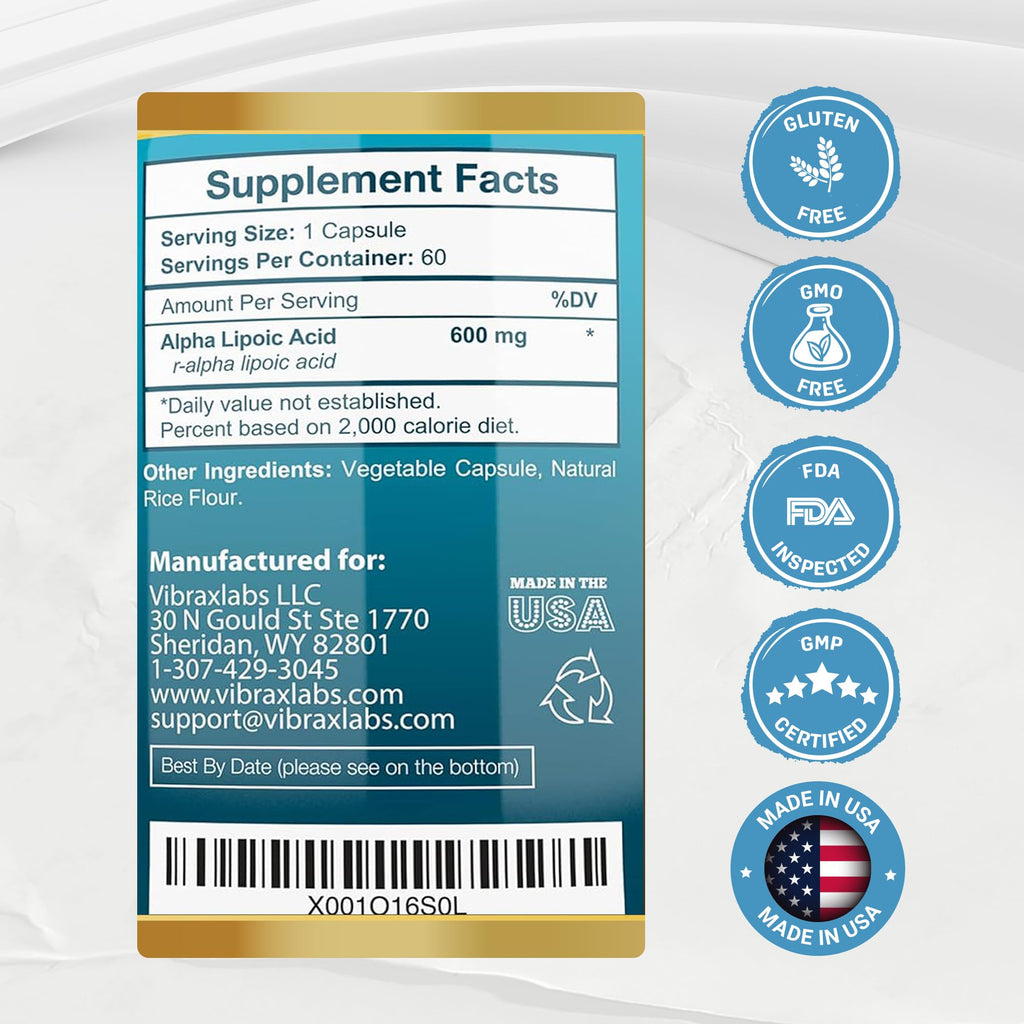 Vibraxlabs Alpha Lipoic Acid 600mg Vegetarian Capsules - 60 Count - image 6