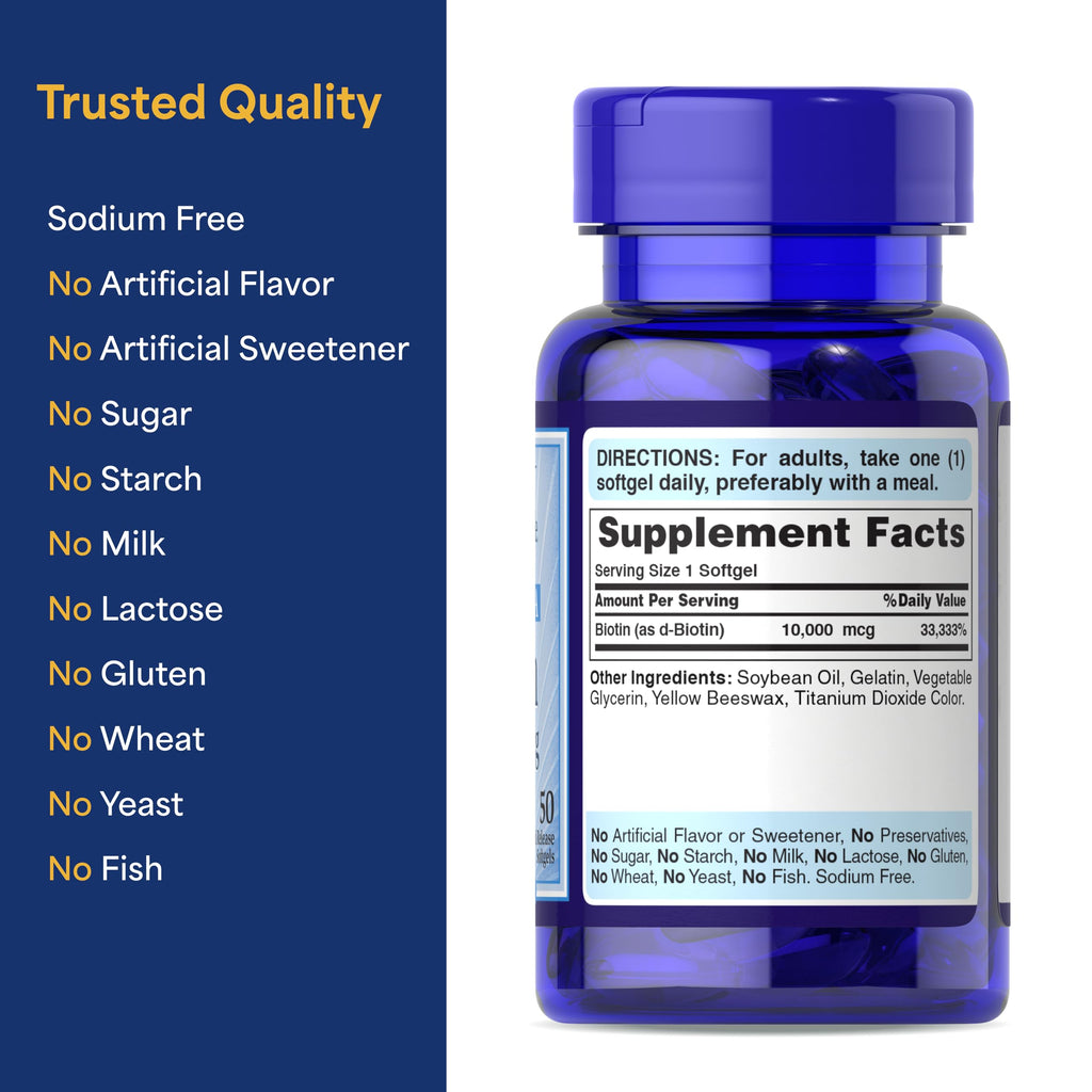 Puritan's Pride Biotin 10,000mcg for Hair, Skin & Nails - 100 Softgels - image 6