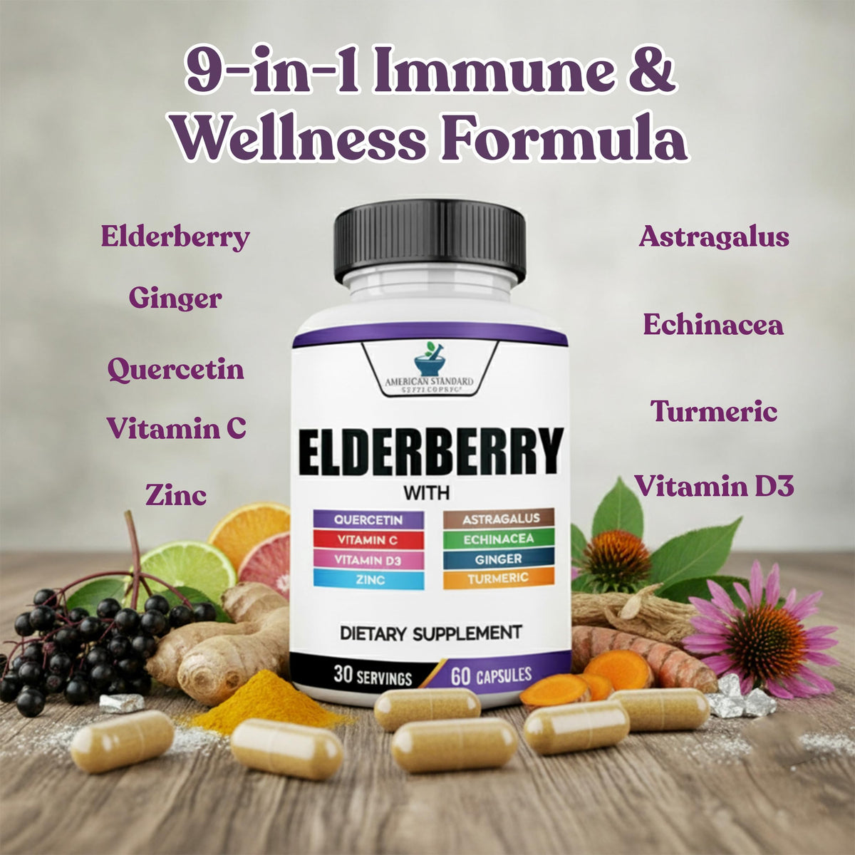 American Standard Supplements Elderberry Extract with Quercetin - 60 Capsules - image 3