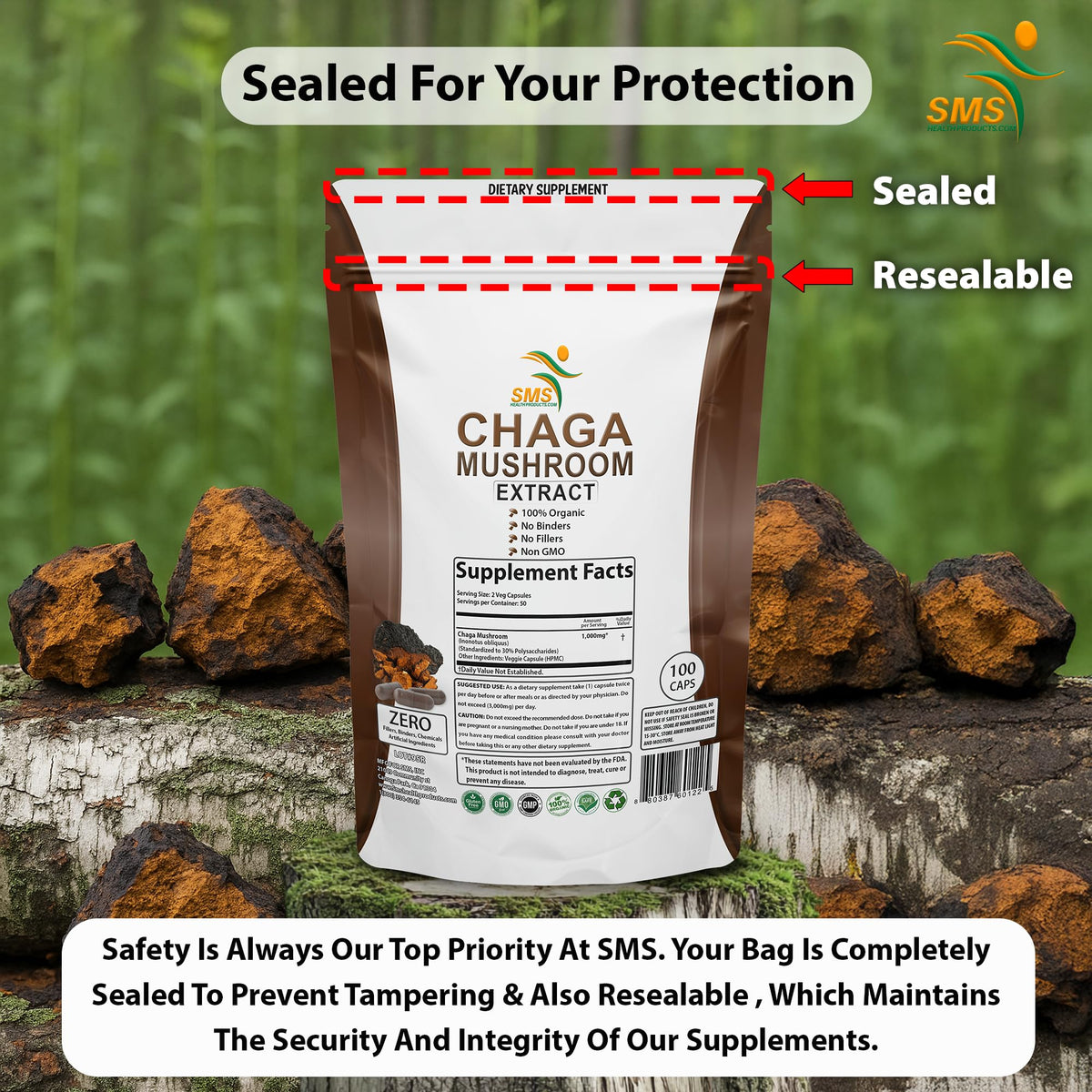 SMSHEALTHPRODUCTS.com Chaga Mushroom Extract 1000mg - 100 Vegetarian Capsules - image 7