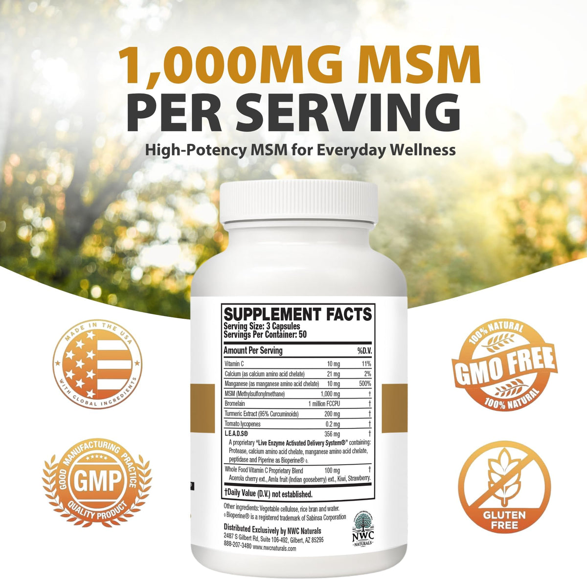 NWC Naturals MSM Gold Enzyme Supplement with Turmeric - 300 Capsules - image 3