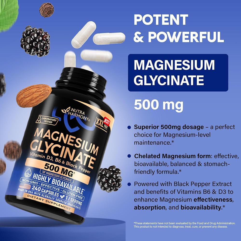 NUTRAHARMONY Magnesium Glycinate 500 mg - Chelated Supplement - High