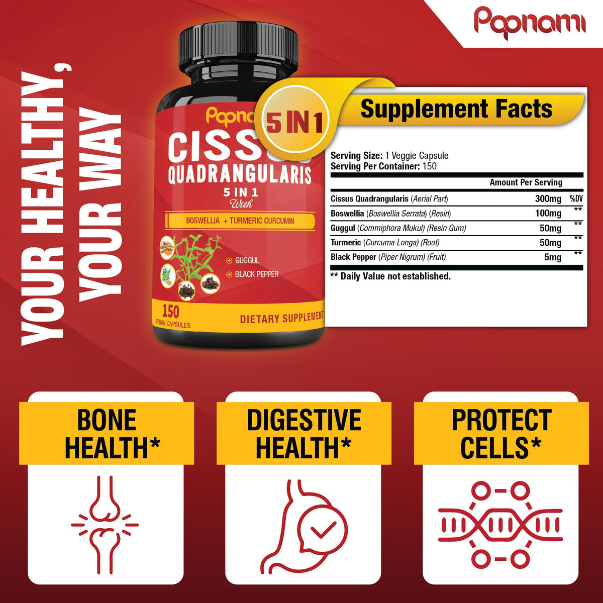Papnami Cissus Quadrangularis with Boswellia & Turmeric - 150 Capsules - image 3