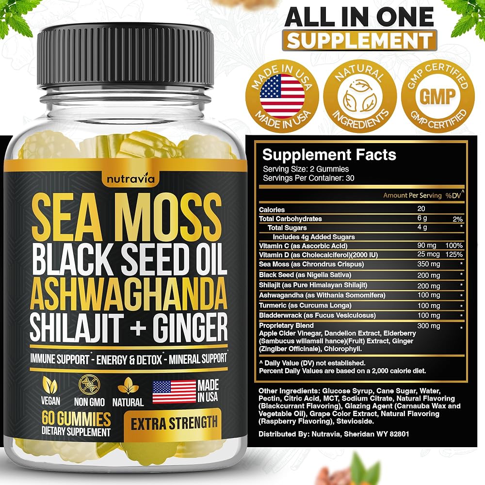 Nutravia Sea Moss, Black Seed Oil & Ashwagandha Gummies - 60 Gummies - image 6