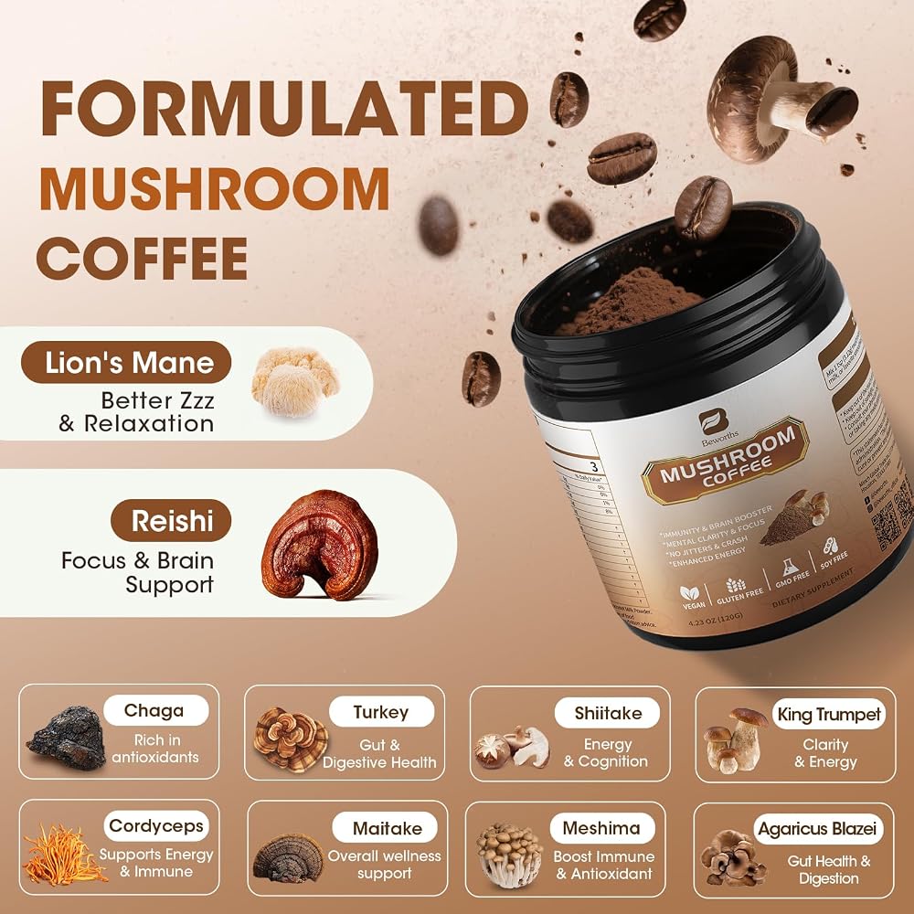 B BEWORTHS Mushroom Coffee - Lions Mane Mushroom Powder Instant