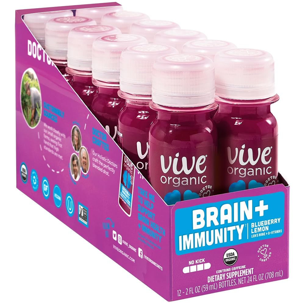 Vive Organic Brain + Immunity Blueberry Lemon Wellness Shot - 12 Pack